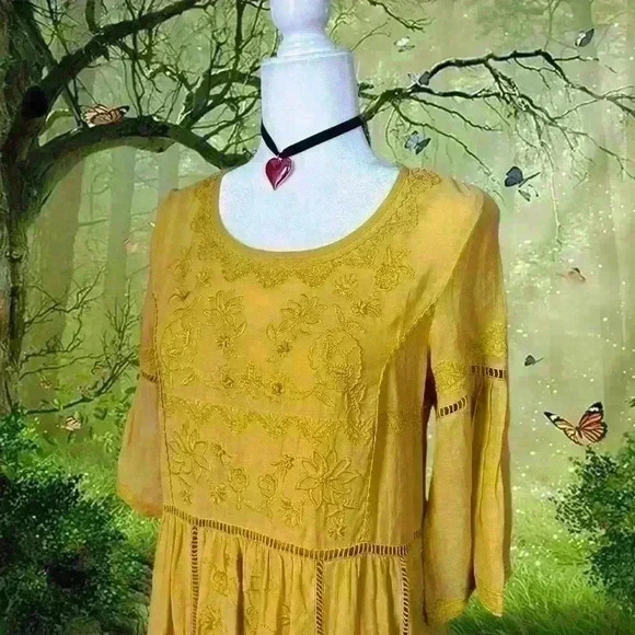 Anthropologie Akemi + Kin Mustard Yellow/Gold Embroidered Dress Size XS - Picture 2 of 10